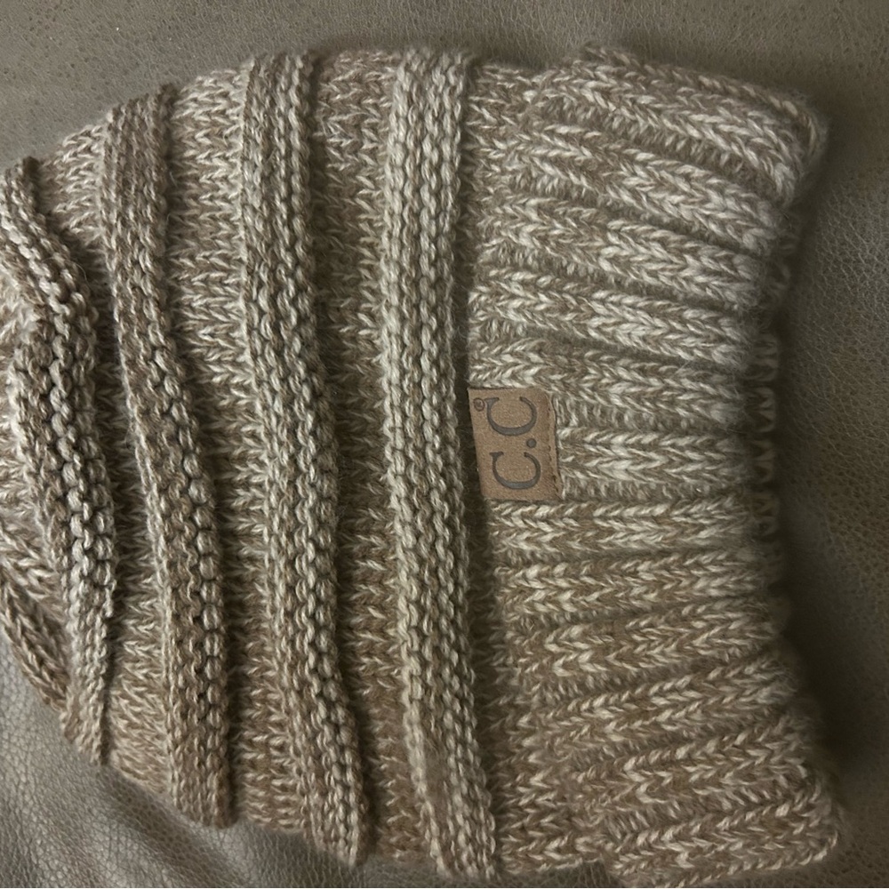 C.C Textured Knit Beanie in Tan and Cream